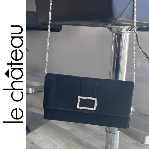 Black satin rhinestone clutch | 8โ x 4โ - Picture 1 of 16